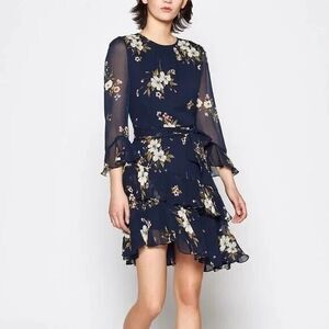 JOIE Kayane Blue Floral Silk Ruffle Dress Asymmetric Silk Sz 2 Romantic Feminine